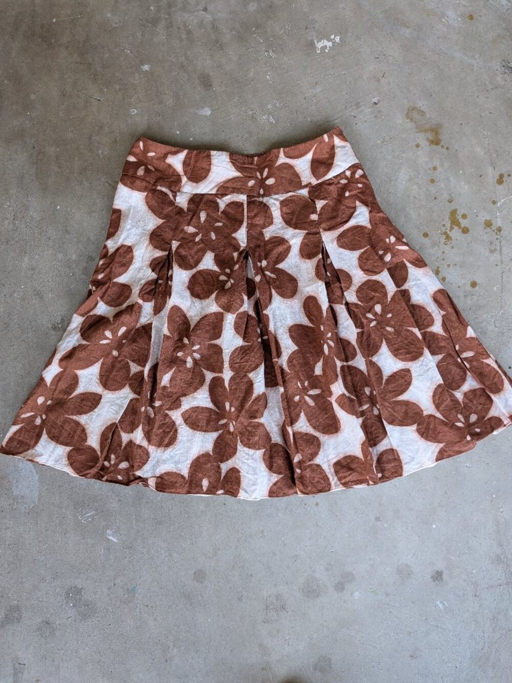 Rafaella Brown Cream Floral Linen A-Line Midi Skirt Size 12